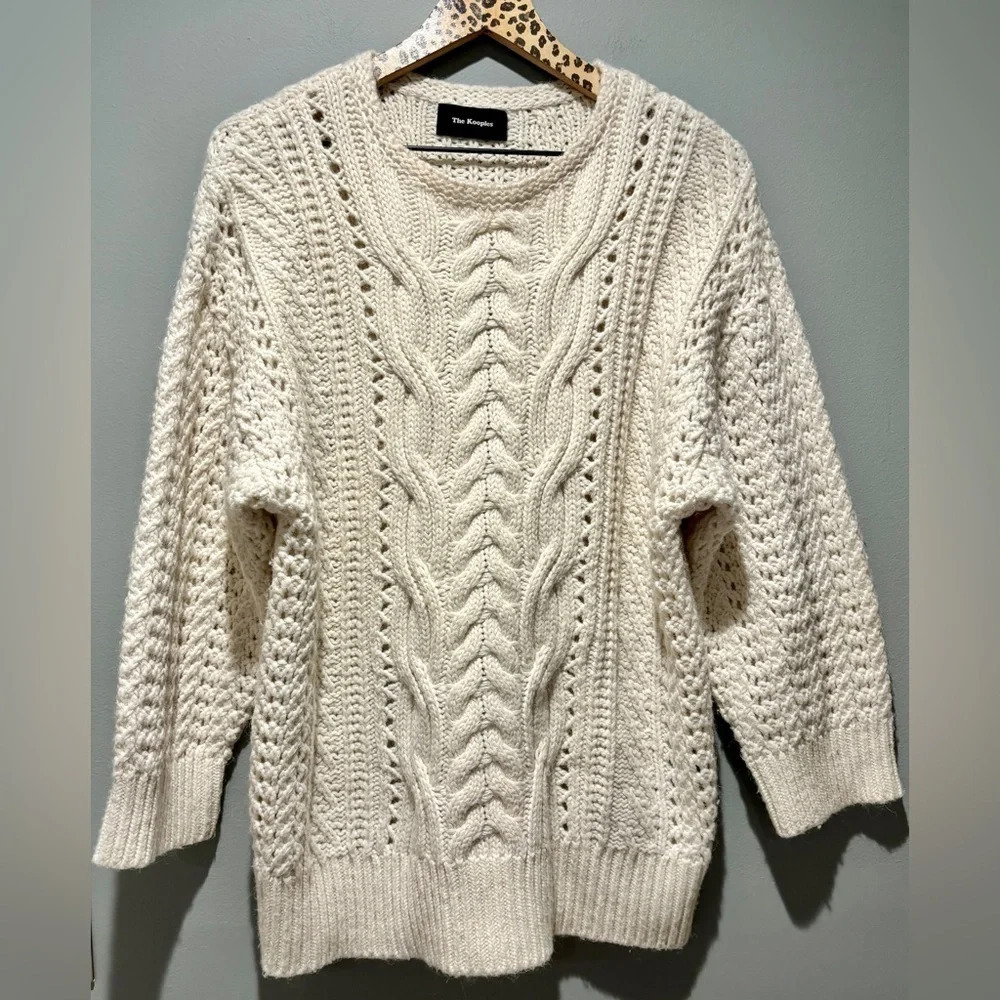 THE KOOPLES | Chunky Knit Long Sleeve Fairisle Detail Cream Sweater Fisherman